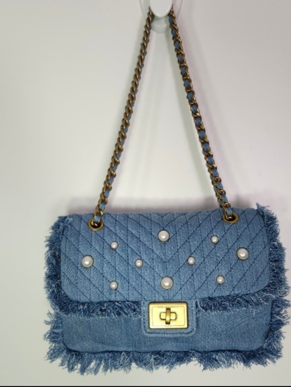 KARL LAGERFELD Agyness Quilted Pearl Chain Fringe Edge Denim Shoulder Bag‎